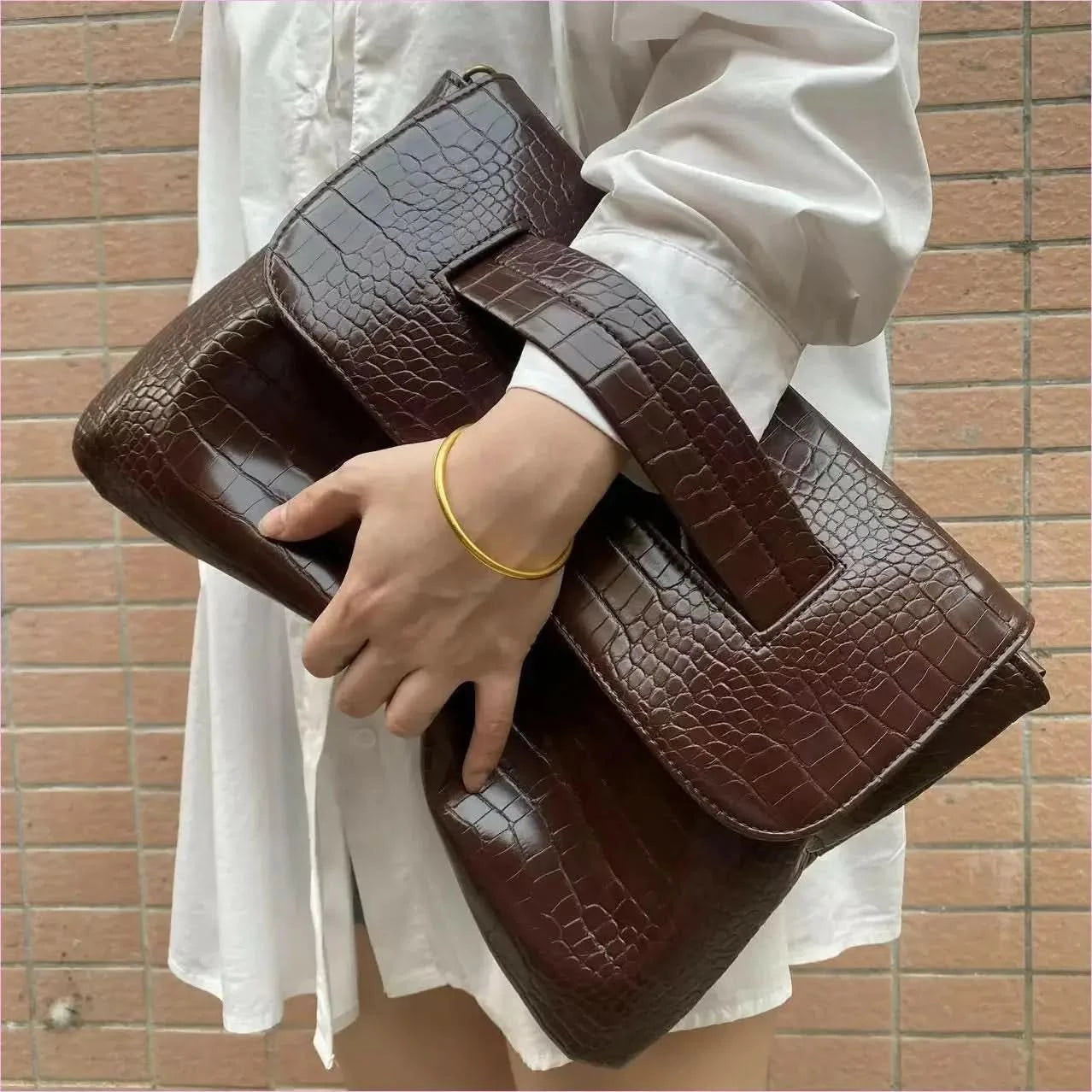 Brown Crocodile Pattern Clutch Bag with Sleeve for Document Storage - Pleasures and Sins