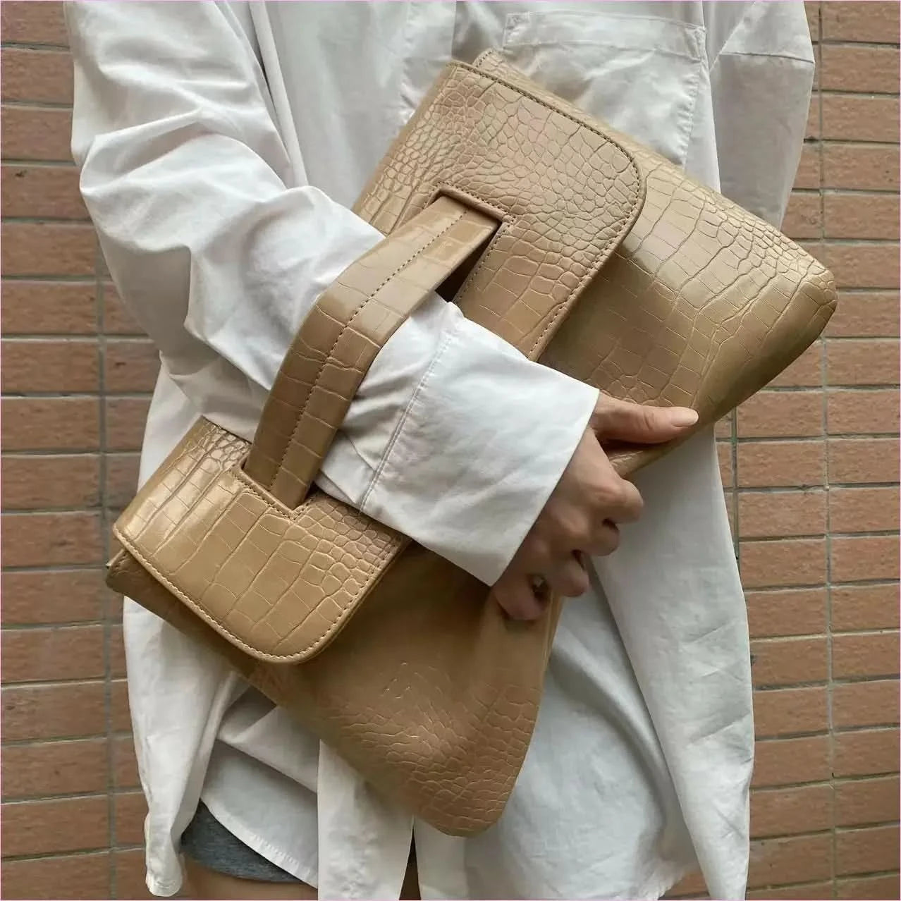 Brown Crocodile Pattern Clutch Bag with Sleeve for Document Storage - Pleasures and Sins