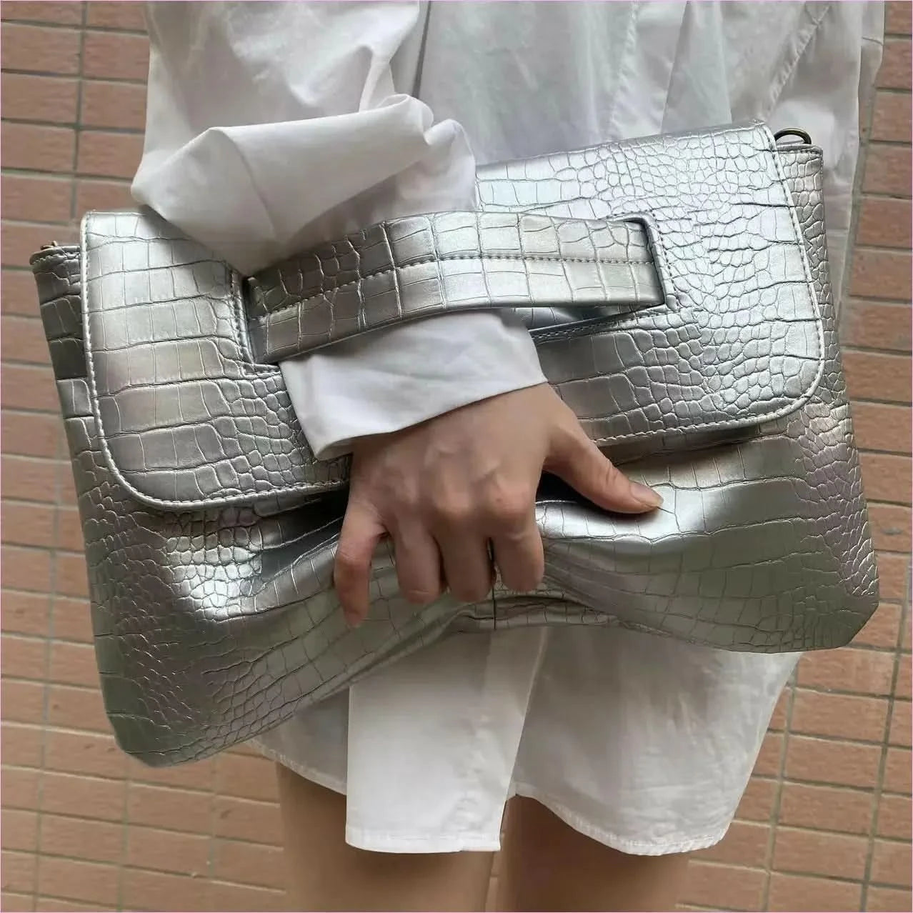Brown Crocodile Pattern Clutch Bag with Sleeve for Document Storage - Pleasures and Sins
