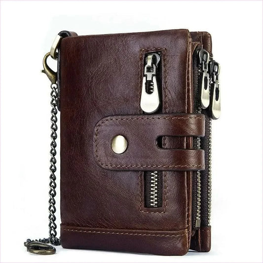 Brown Genuine Leather Wallet with Zippers and Chain Attachment - Pleasures and Sins