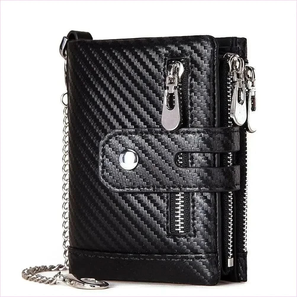 Brown Genuine Leather Wallet with Zippers and Chain Attachment - Pleasures and Sins