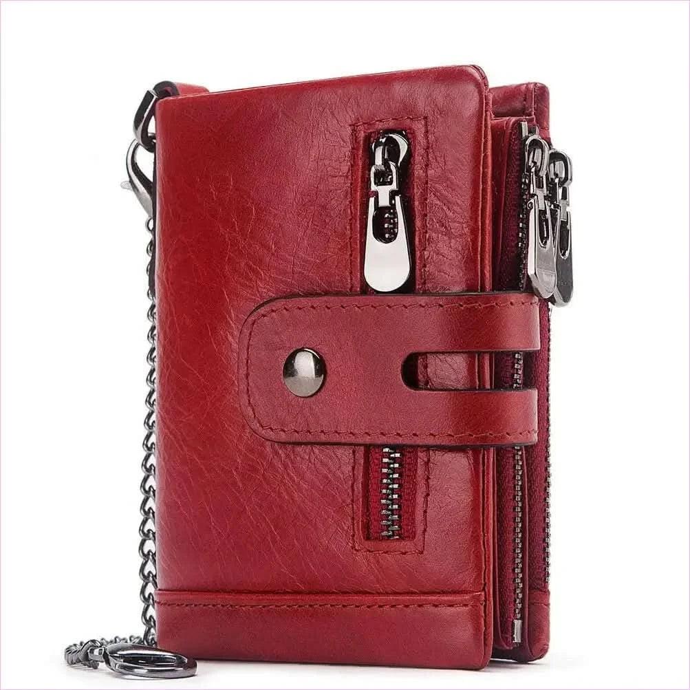 Brown Genuine Leather Wallet with Zippers and Chain Attachment - Pleasures and Sins
