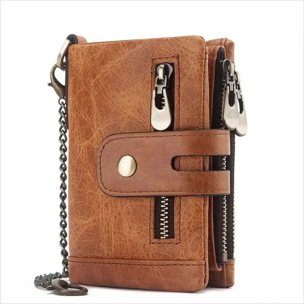 Brown Genuine Leather Wallet with Zippers and Chain Attachment - Pleasures and Sins