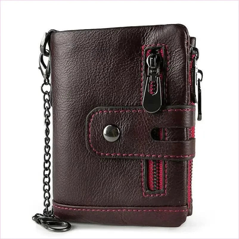 Brown Genuine Leather Wallet with Zippers and Chain Attachment - Pleasures and Sins