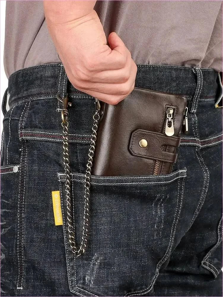 Brown Genuine Leather Wallet with Zippers and Chain Attachment - Pleasures and Sins