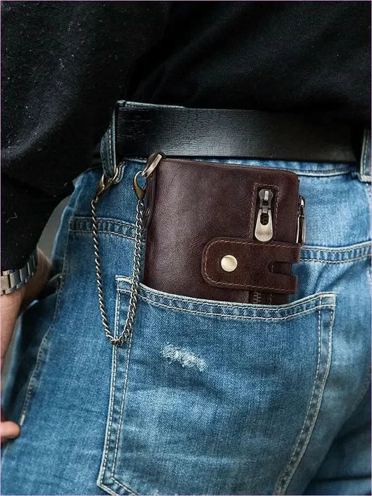 Brown Genuine Leather Wallet with Zippers and Chain Attachment - Pleasures and Sins