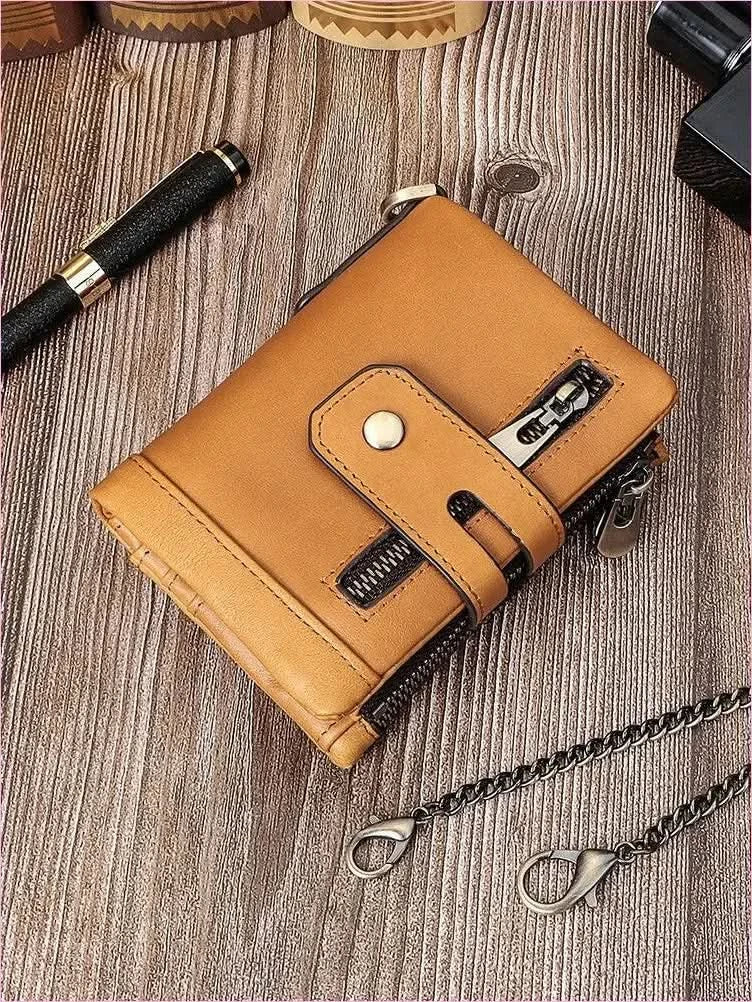 Brown Genuine Leather Wallet with Zippers and Chain Attachment - Pleasures and Sins