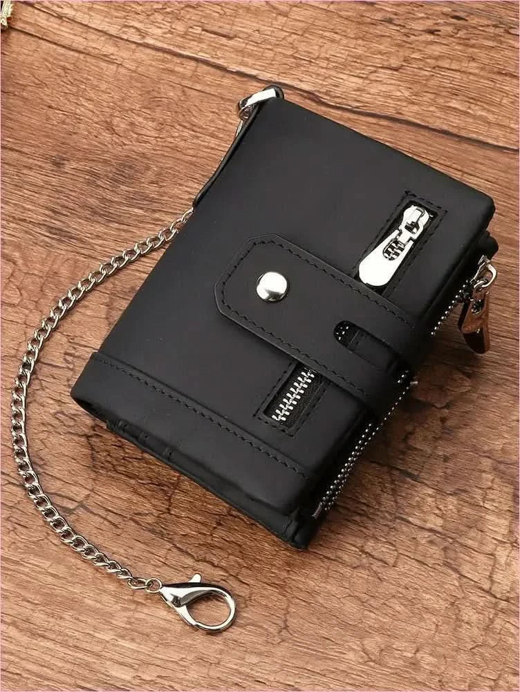 Brown Genuine Leather Wallet with Zippers and Chain Attachment - Pleasures and Sins