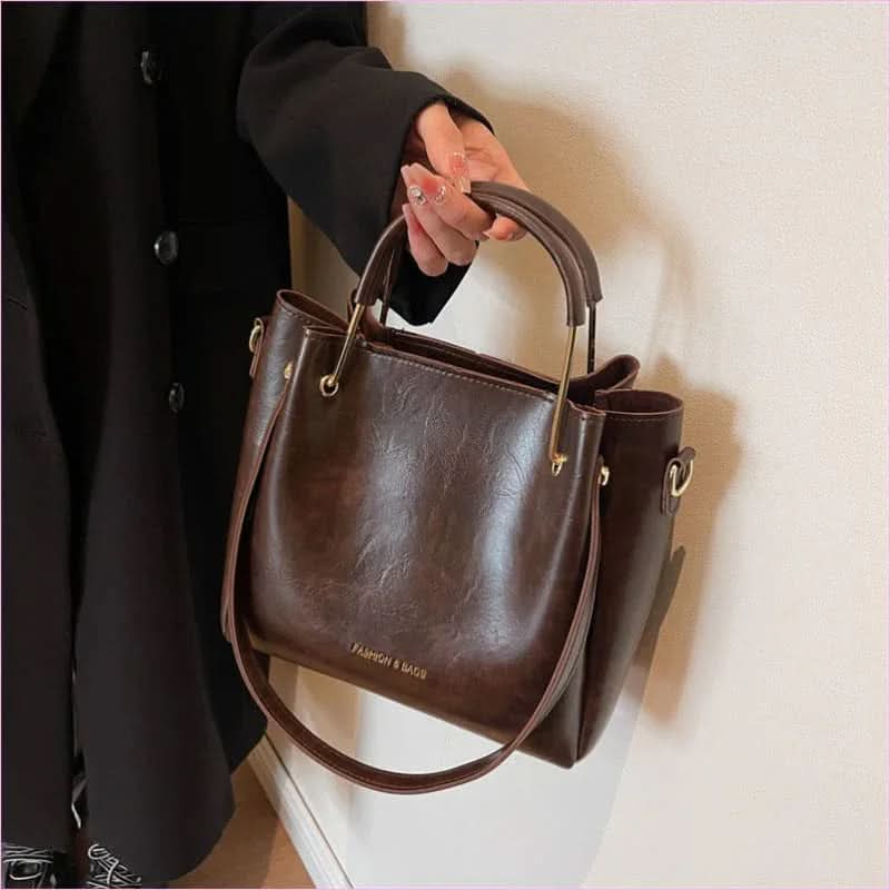 Brown Retro Large Capacity Tote Bag with Gold Hardware - Pleasures and Sins