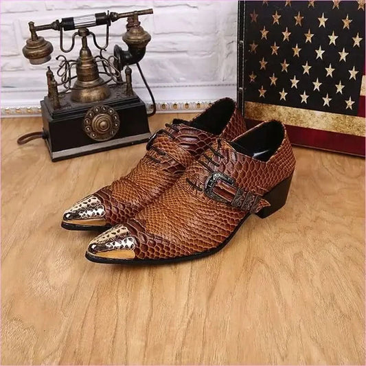 Brown Snakeskin Leather Dress Shoes with Metal Head for Men - Pleasures and Sins