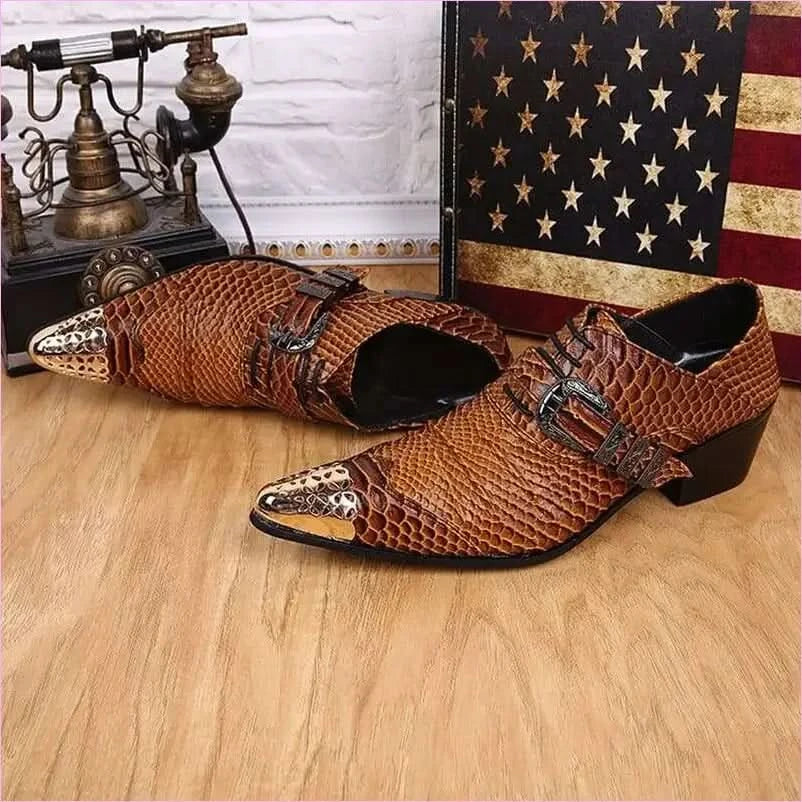 Brown Snakeskin Leather Dress Shoes with Metal Head for Men - Pleasures and Sins