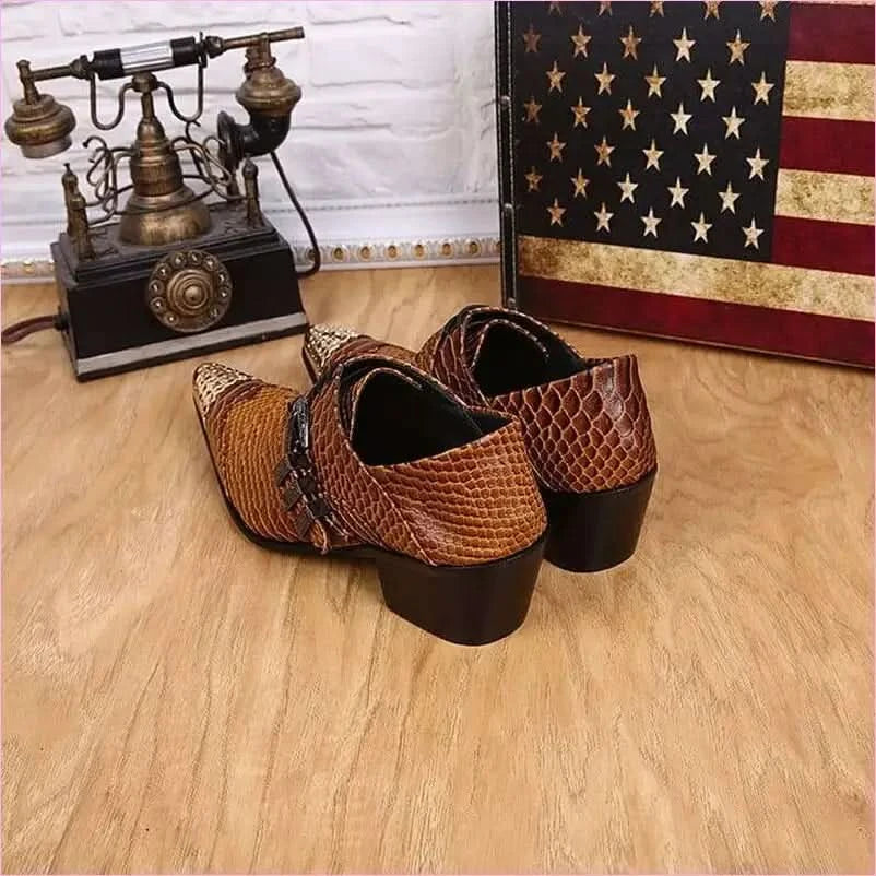 Brown Snakeskin Leather Dress Shoes with Metal Head for Men - Pleasures and Sins