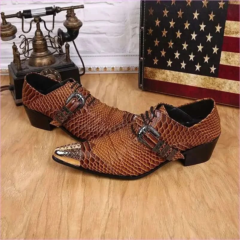 Brown Snakeskin Leather Dress Shoes with Metal Head for Men - Pleasures and Sins