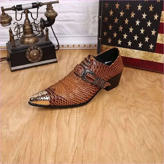 Brown Snakeskin Leather Dress Shoes with Metal Head for Men - Pleasures and Sins