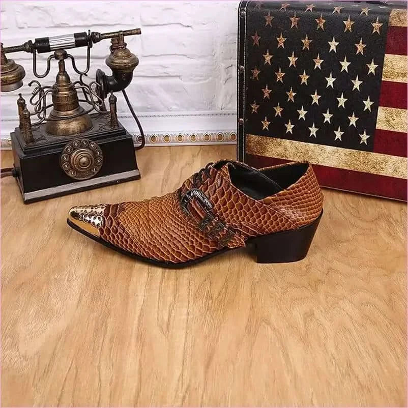 Brown Snakeskin Leather Dress Shoes with Metal Head for Men - Pleasures and Sins