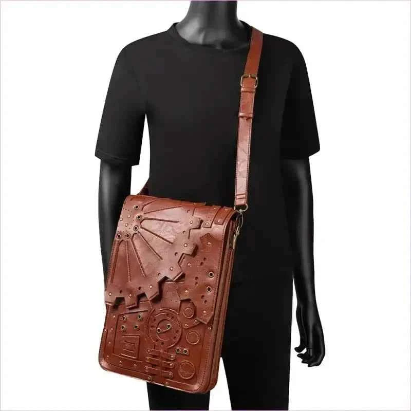 Brown Steampunk Retro Leather Shoulder Bag with Unique Embossing - Pleasures and Sins
