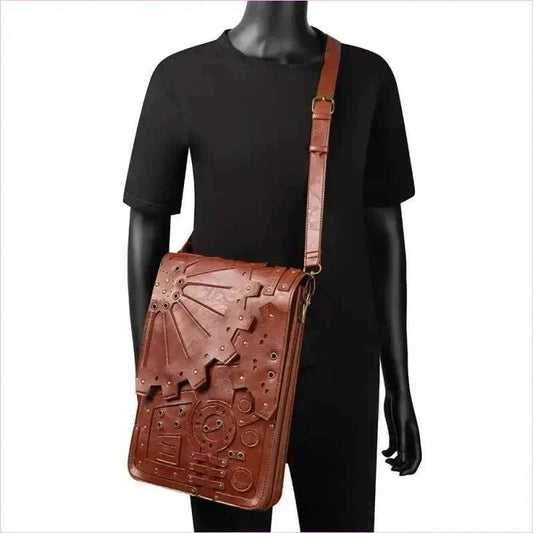 Brown Steampunk Retro Leather Shoulder Bag with Unique Embossing - Pleasures and Sins