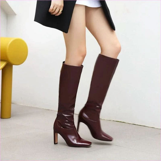 Burgundy Wedge Heel Knee High Boots for Ladies - Pleasures and Sins