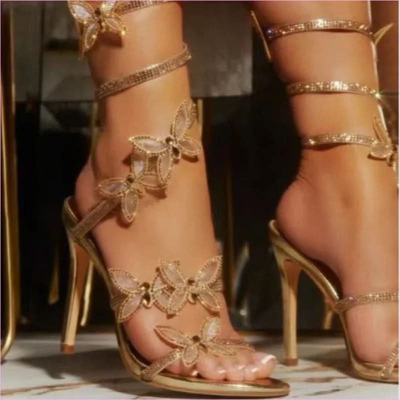 Butterfly Rhinestone Shiny Strappy Sandals with Stiletto Heel - Pleasures and Sins