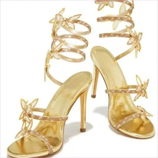 Butterfly Rhinestone Shiny Strappy Sandals with Stiletto Heel - Pleasures and Sins