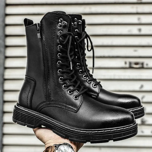 Genuine Leather Men's Long High-top Lace Up Martin Boots Boots Pleasures and Sins