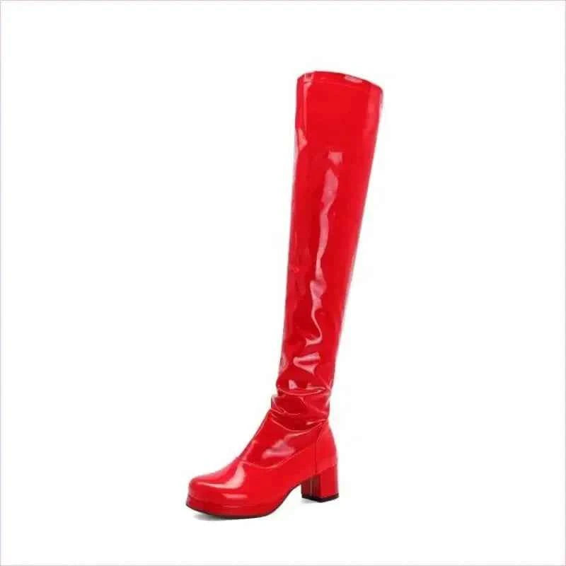 Candy Colours Block Heel Patent Leather Knee High Boots in Bright Yellow - Pleasures and Sins