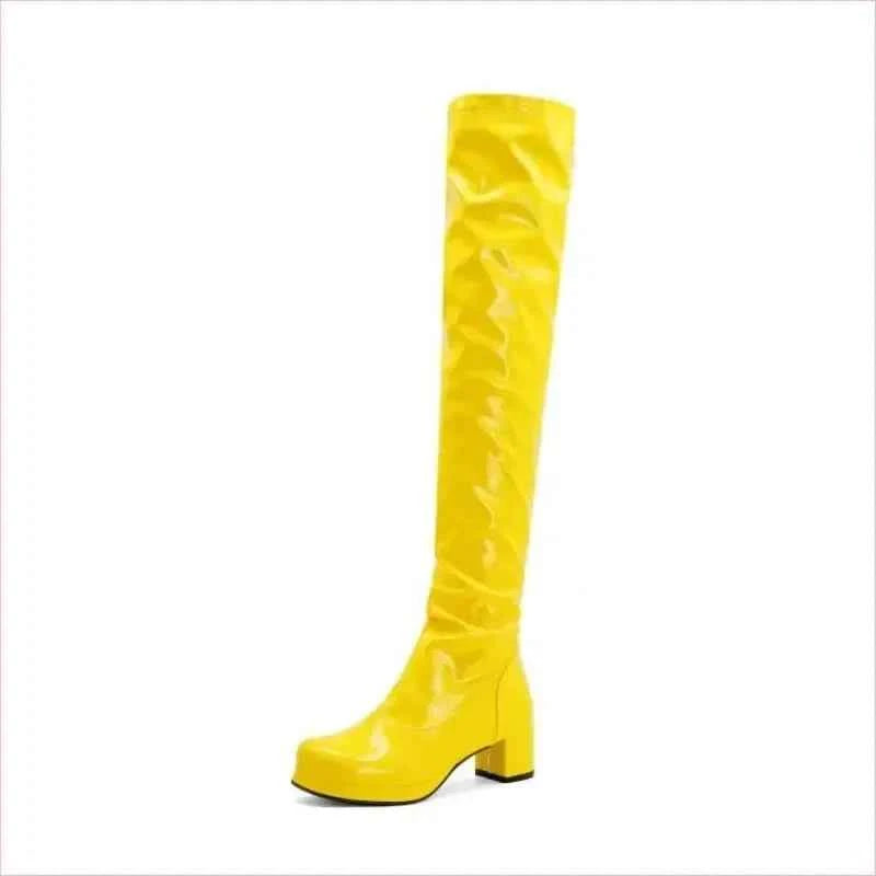 Candy Colours Block Heel Patent Leather Knee High Boots in Bright Yellow - Pleasures and Sins