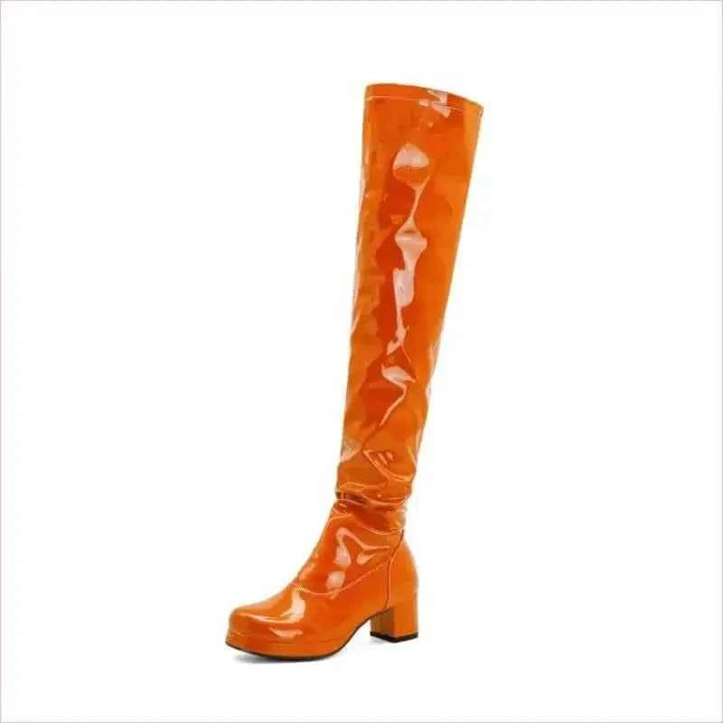 Candy Colours Block Heel Patent Leather Knee High Boots in Bright Yellow - Pleasures and Sins
