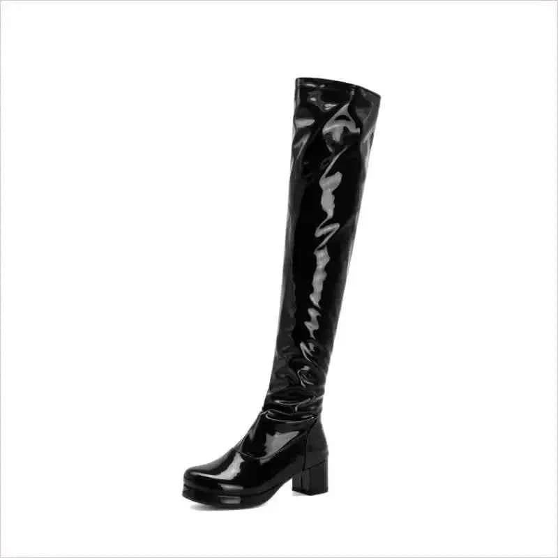 Candy Colours Block Heel Patent Leather Knee High Boots in Bright Yellow - Pleasures and Sins