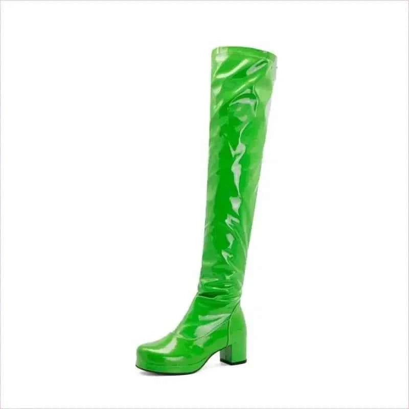 Candy Colours Block Heel Patent Leather Knee High Boots in Bright Yellow - Pleasures and Sins