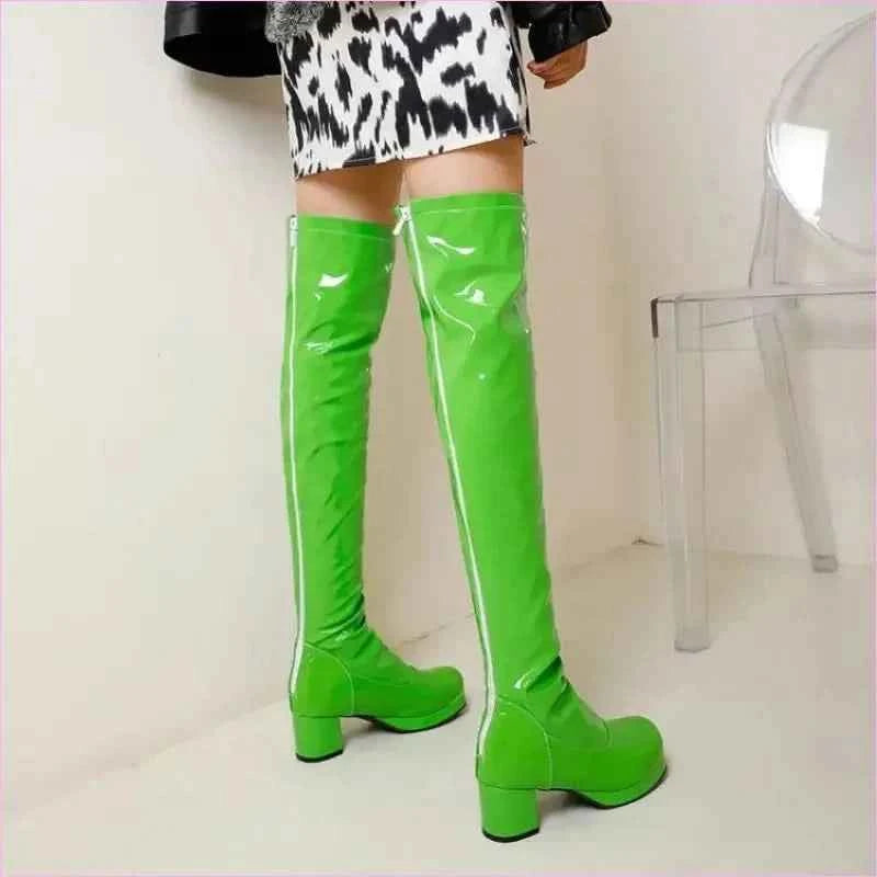 Candy Colours Block Heel Patent Leather Knee High Boots in Bright Yellow - Pleasures and Sins