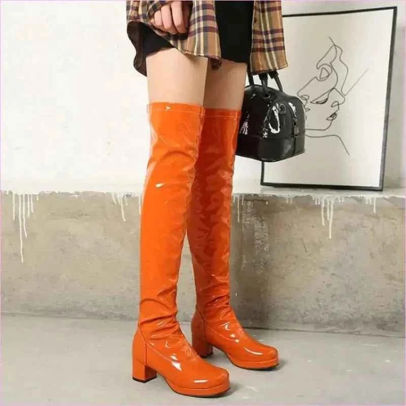 Candy Colours Block Heel Patent Leather Knee High Boots in Bright Yellow - Pleasures and Sins