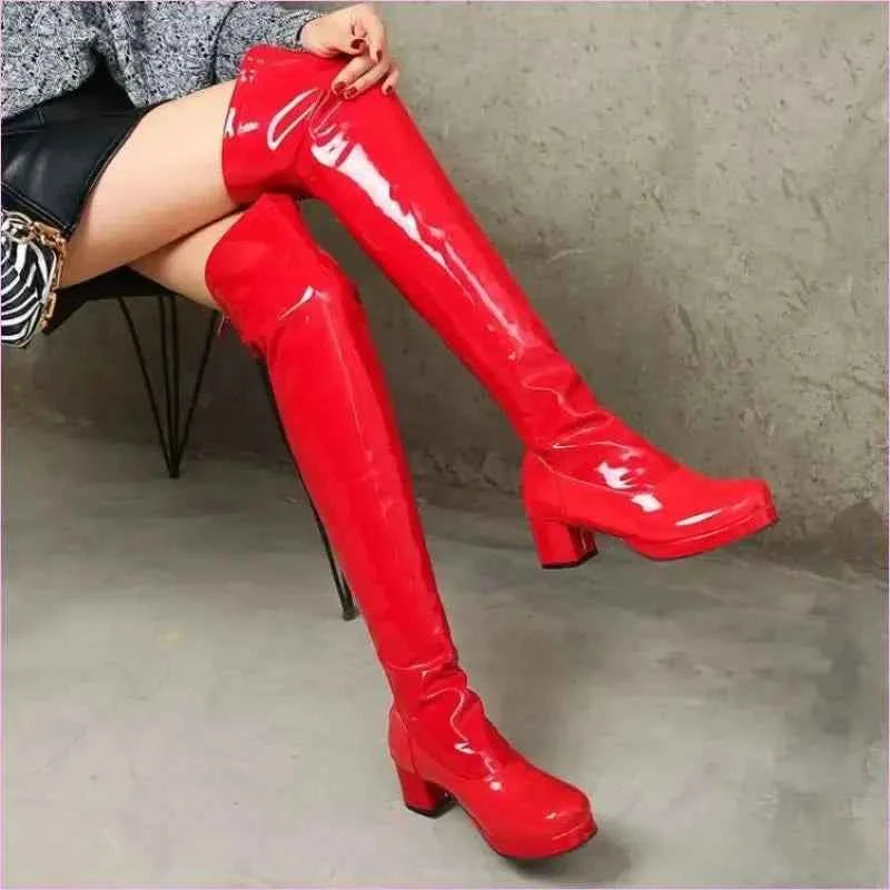 Candy Colours Block Heel Patent Leather Knee High Boots in Bright Yellow - Pleasures and Sins