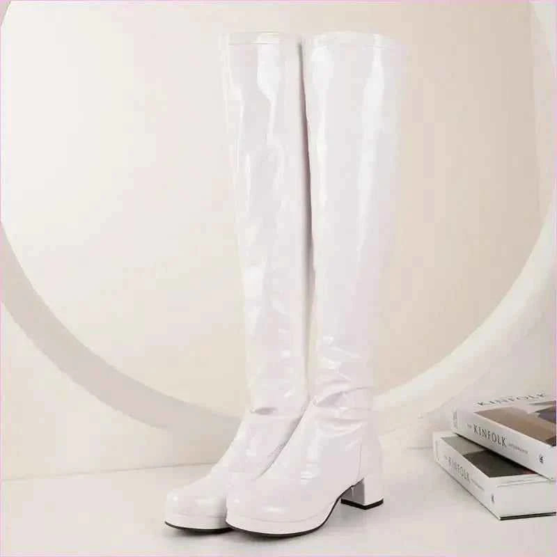Candy Colours Block Heel Patent Leather Knee High Boots in Bright Yellow - Pleasures and Sins