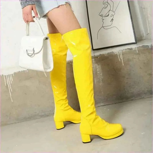 Candy Colours Block Heel Patent Leather Knee High Boots in Bright Yellow - Pleasures and Sins