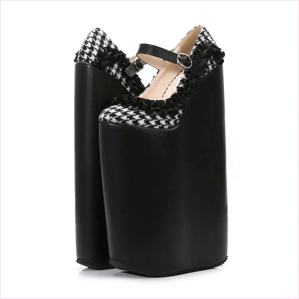 Checkered Dolly Drag Shoes with 30cm Heel Sissy Platform Pumps - Pleasures and Sins