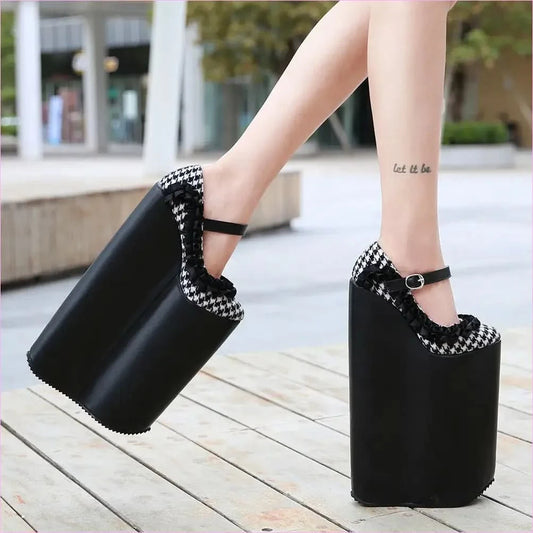 Checkered Dolly Drag Shoes with 30cm Heel Sissy Platform Pumps - Pleasures and Sins
