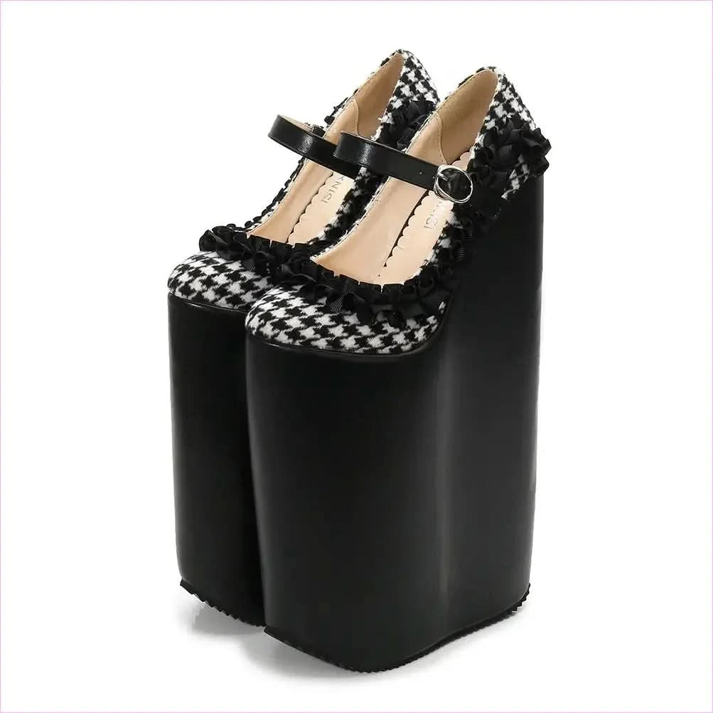 Checkered Dolly Drag Shoes with 30cm Heel Sissy Platform Pumps - Pleasures and Sins