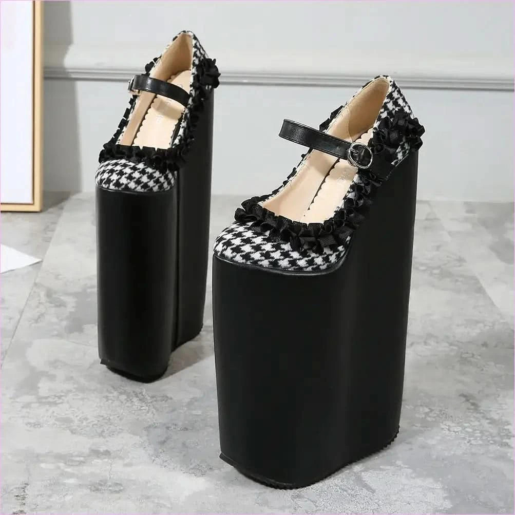 Checkered Dolly Drag Shoes with 30cm Heel Sissy Platform Pumps - Pleasures and Sins