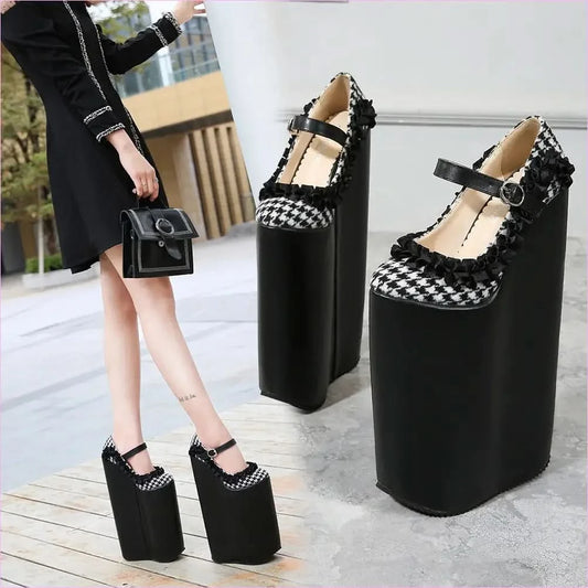 Checkered Dolly Drag Shoes with 30cm Heel Sissy Platform Pumps - Pleasures and Sins