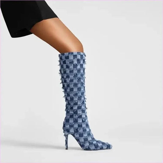 Chessboard Plaid Denim Blue Cloth Women’s Boots for Stylish Looks - Pleasures and Sins