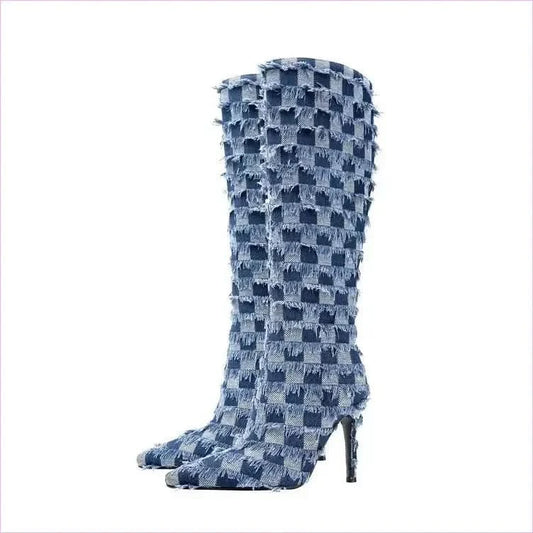 Chessboard Plaid Denim Blue Cloth Women’s Boots for Stylish Looks - Pleasures and Sins