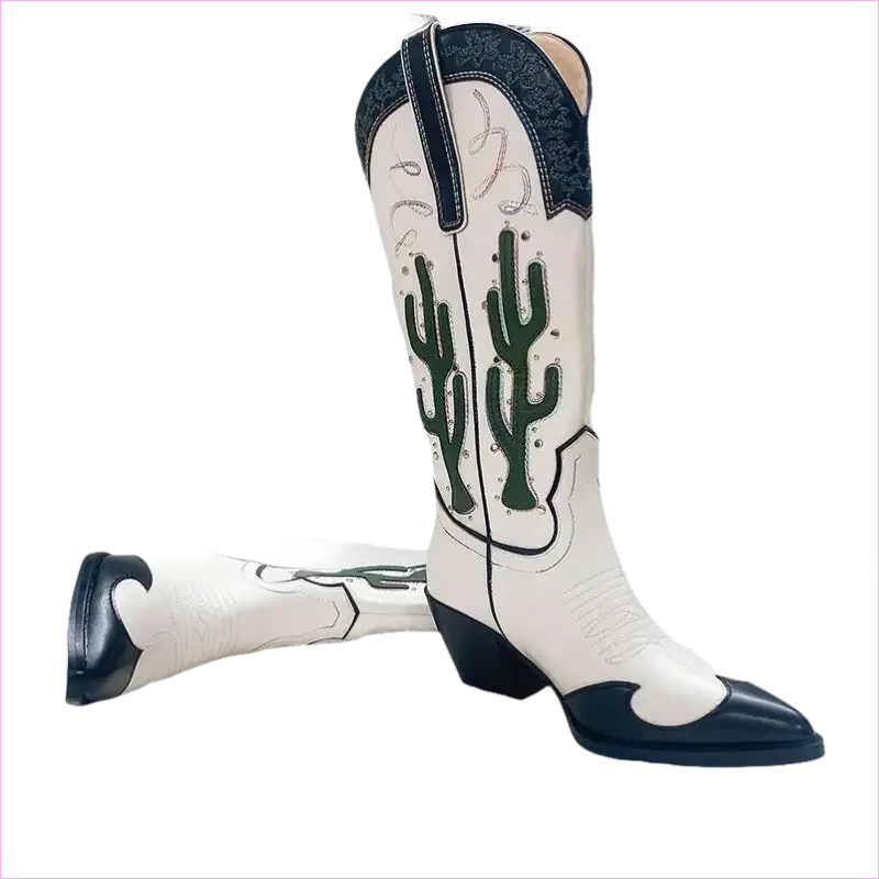 Chic Mid Calf Cowgirl Boots with Cactus Motif and Chunky Heels - Pleasures and Sins