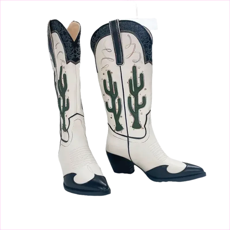 Chic Mid Calf Cowgirl Boots with Cactus Motif and Chunky Heels - Pleasures and Sins