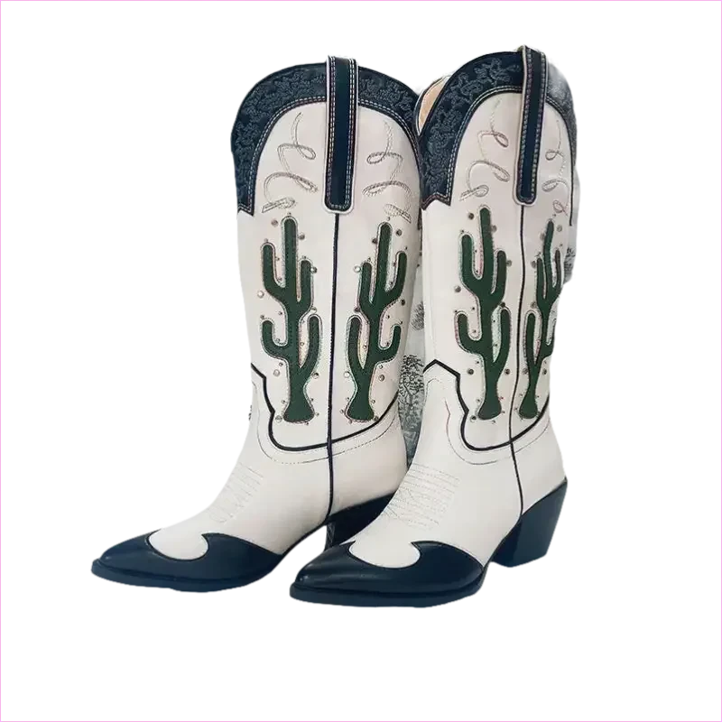 Chic Mid Calf Cowgirl Boots with Cactus Motif and Chunky Heels - Pleasures and Sins