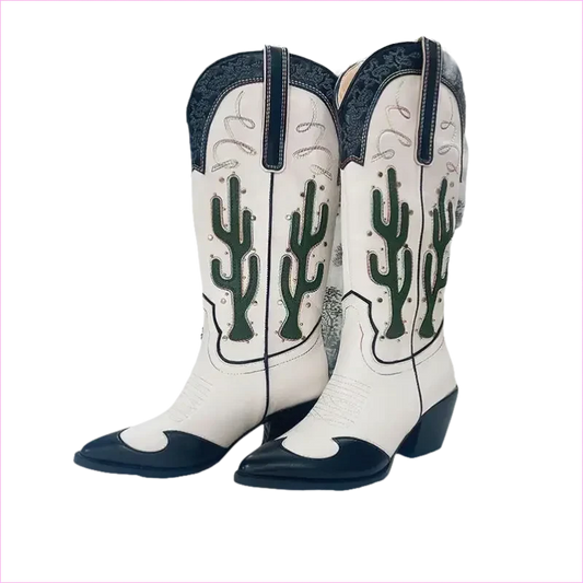 Chic Mid Calf Cowgirl Boots with Cactus Motif and Chunky Heels - Pleasures and Sins