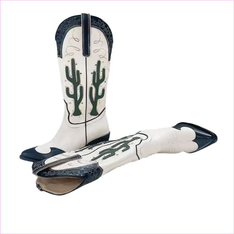 Chic Mid Calf Cowgirl Boots with Cactus Motif and Chunky Heels - Pleasures and Sins
