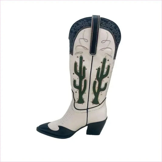 Chic Mid Calf Cowgirl Boots with Cactus Motif and Chunky Heels - Pleasures and Sins