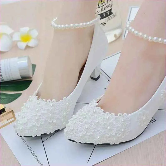 Chic White Bridesmaid Shoes with Pearl Straps and Floral Details - Pleasures and Sins