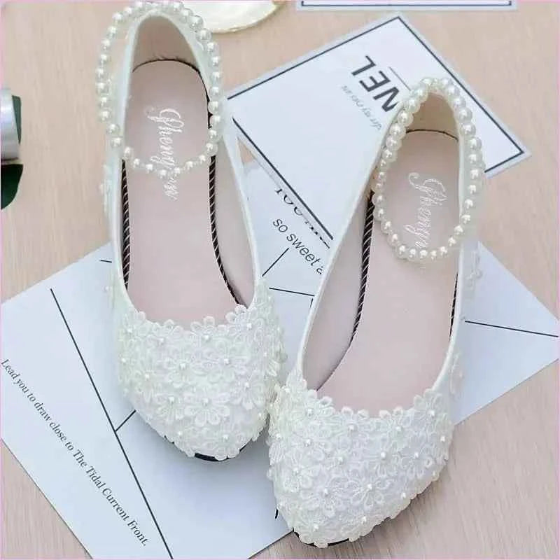 Chic White Bridesmaid Shoes with Pearl Straps and Floral Details - Pleasures and Sins